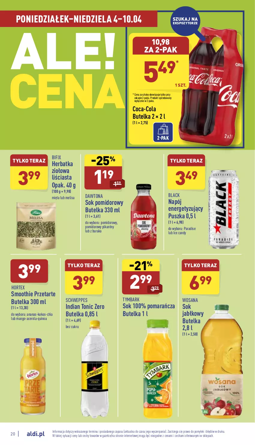 Gazetka promocyjna Aldi - Pełny katalog - ważna 04.04 do 10.04.2022 - strona 20 - produkty: Acer, Ananas, Candy, Chia, Coca-Cola, Dawtona, Hortex, Kokos, Lack, Mango, Mięta, Napój, Quinoa, Schweppes, Smoothie, Sok, Sok jabłkowy, Sok pomidorowy, Tera, Tymbark, Wosana