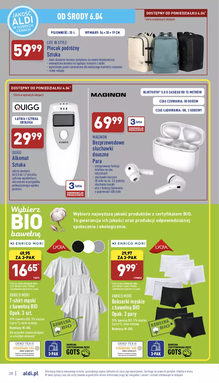 Gazetka promocyjna Aldi - Pełny katalog - ważna 04.04 do 10.04.2022 - strona 28 - produkty: Alkomat, Bokserki, Gin, Plecak, Ser, Słuchawki, T-shirt, Telefon, Top, Wełna