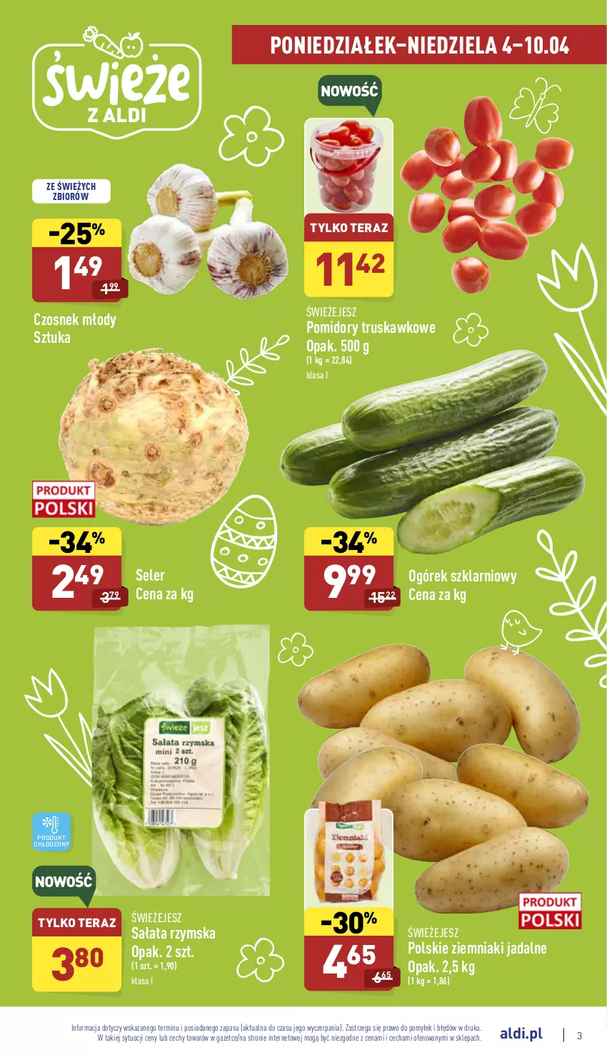 Gazetka promocyjna Aldi - Pełny katalog - ważna 04.04 do 10.04.2022 - strona 3 - produkty: Czosnek, Ogórek, Pomidory, Sałat, Tera, Ziemniaki