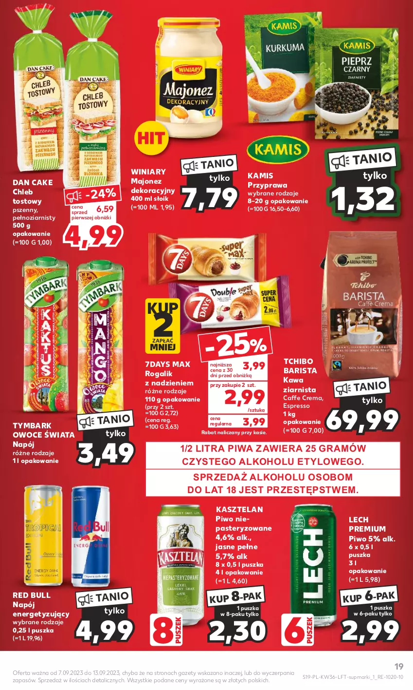 Gazetka promocyjna Kaufland - Gazetka tygodnia - ważna 07.09 do 13.09.2023 - strona 19 - produkty: Chleb, Chleb tostowy, Dan Cake, Gra, Kamis, Kasztelan, Kawa, Kawa ziarnista, Lech Premium, Majonez, Napój, Owoce, Piwa, Piwo, Red Bull, Rogal, Tchibo, Tchibo Barista, Tymbark, Winiary