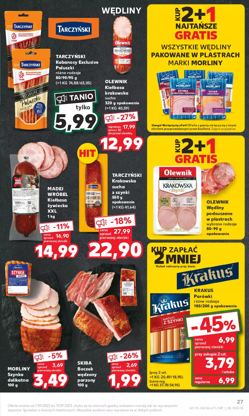 Gazetka promocyjna Kaufland - Gazetka tygodnia - ważna 07.09 do 13.09.2023 - strona 27 - produkty: Boczek, Gra, Kabanos, Kiełbasa, Kiełbasa krakowska, Krakus, Madej Wróbel, Morliny, Olewnik, Parówki, Szynka, Tarczyński, Waga