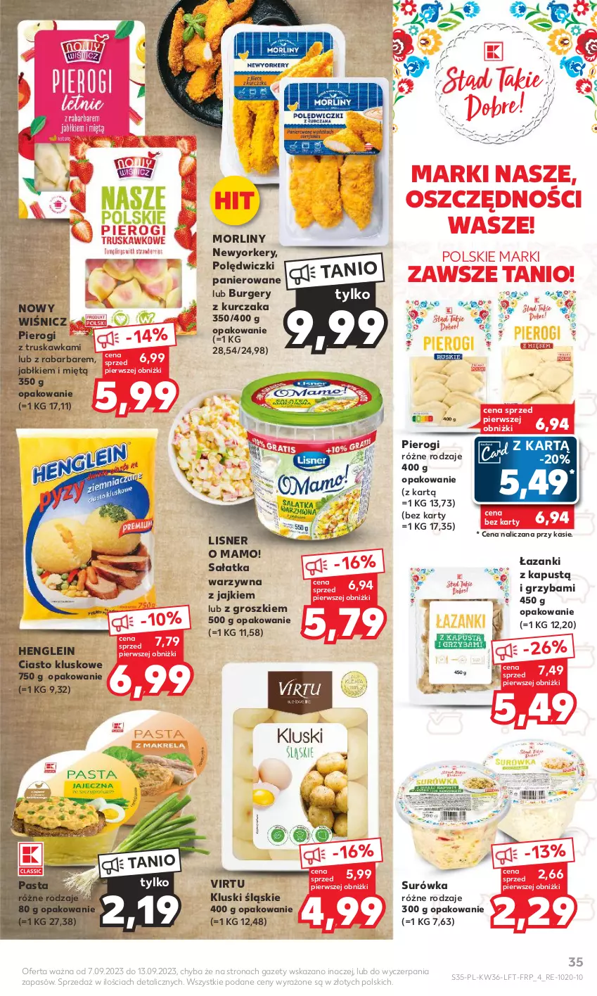 Gazetka promocyjna Kaufland - Gazetka tygodnia - ważna 07.09 do 13.09.2023 - strona 35 - produkty: Burger, Kapustą, Kurczak, Lisner, Morliny, Pierogi, Polędwiczki panierowane, Sałat, Sałatka, Sałatka warzywna, Surówka, Virtu