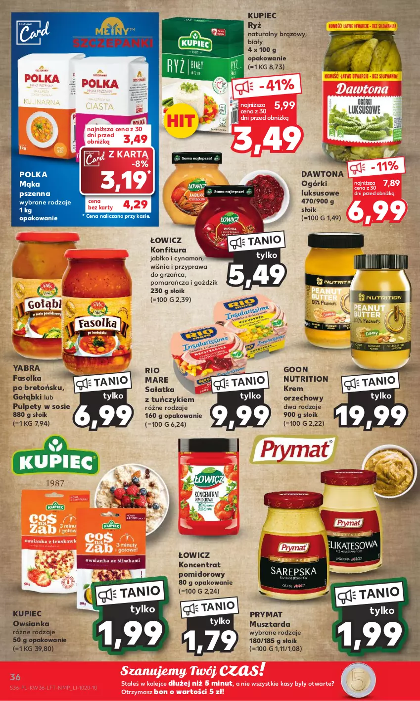 Gazetka promocyjna Kaufland - Gazetka tygodnia - ważna 07.09 do 13.09.2023 - strona 36 - produkty: Dawtona, Fa, Koncentrat pomidorowy, Konfitura, Krem orzechowy, Kupiec, Mąka, Mąka pszenna, Mus, Musztarda, Olej, Owsianka, Piec, Prymat, Pulpety, Rio Mare, Ryż, Ryż naturalny, Sałat, Sałatka, Sos, Tuńczyk