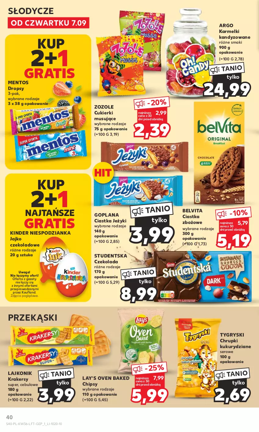 Gazetka promocyjna Kaufland - Gazetka tygodnia - ważna 07.09 do 13.09.2023 - strona 40 - produkty: BelVita, Chipsy, Chrupki, Ciastka, Cukier, Cukierki, Czekolada, Goplana, Gra, Gry, Jeżyki, Kinder, Krakersy, Lajkonik, LANA, Lay’s, Mentos, Mus, Ser, Vita C, Waga