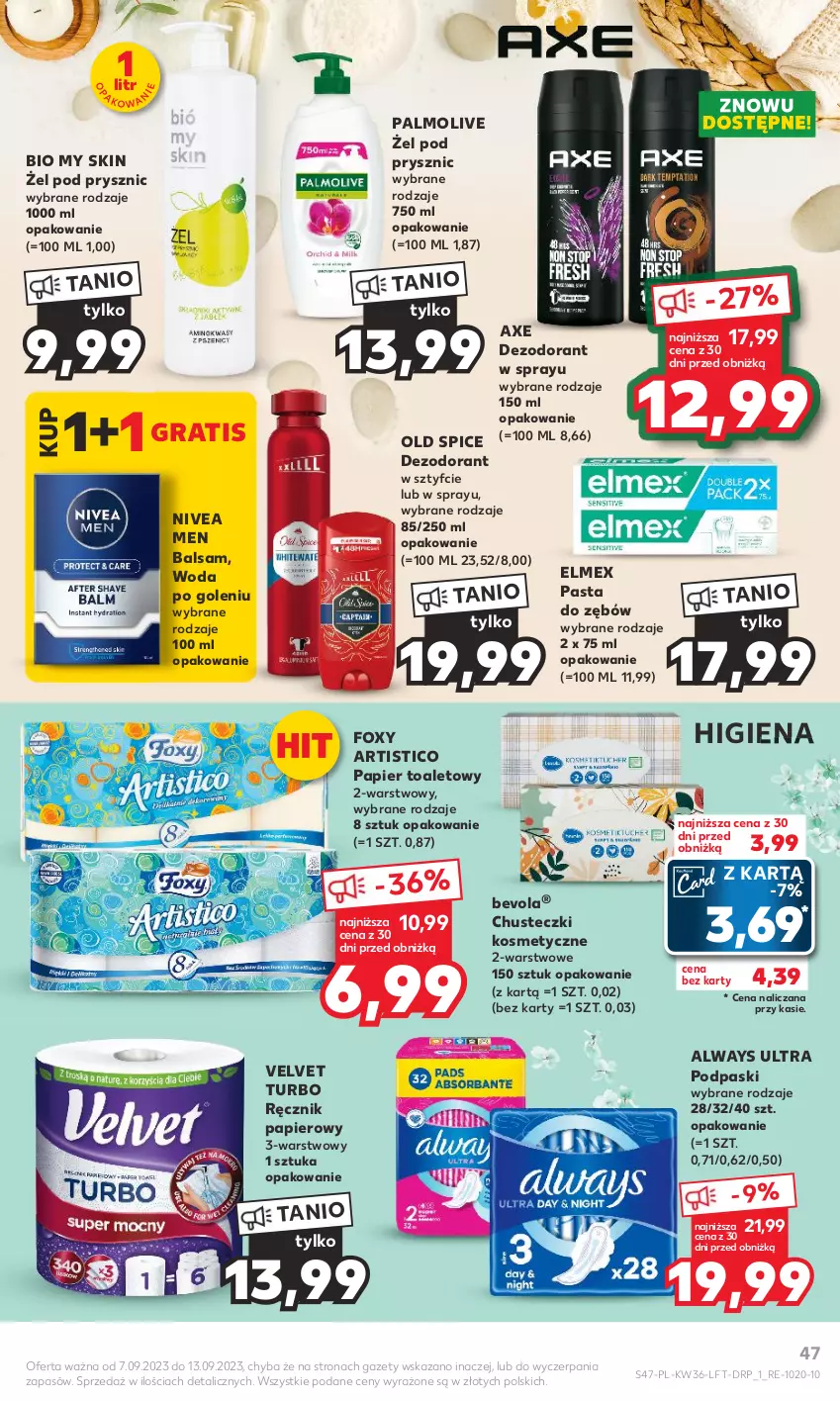 Gazetka promocyjna Kaufland - Gazetka tygodnia - ważna 07.09 do 13.09.2023 - strona 47 - produkty: Always, Always Ultra, Chusteczki, Chusteczki kosmetyczne, Dezodorant, Elmex, Foxy, Gra, Nivea, Nivea Men, Old Spice, Palmolive, Papier, Papier toaletowy, Pasta do zębów, Podpaski, Ręcznik, Velvet, Woda, Woda po goleniu