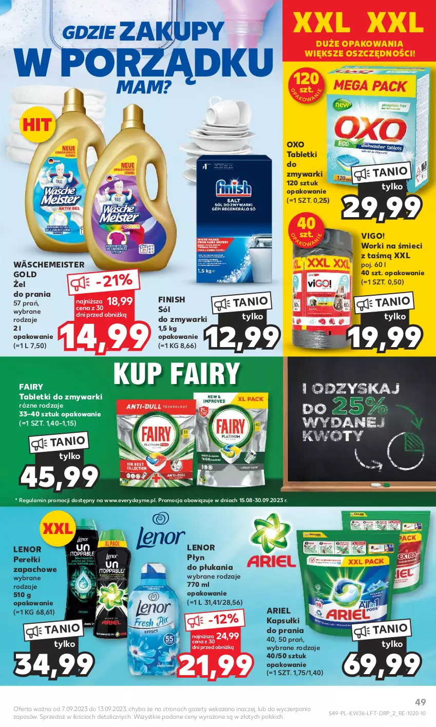 Gazetka promocyjna Kaufland - Gazetka tygodnia - ważna 07.09 do 13.09.2023 - strona 49 - produkty: Ariel, Fa, Fairy, Finish, Kapsułki do prania, Lenor, Perełki zapachowe, Płyn do płukania, Por, Sól, Tablet, Tabletki do zmywarki, Worki na śmiec, Worki na śmieci, Zmywarki