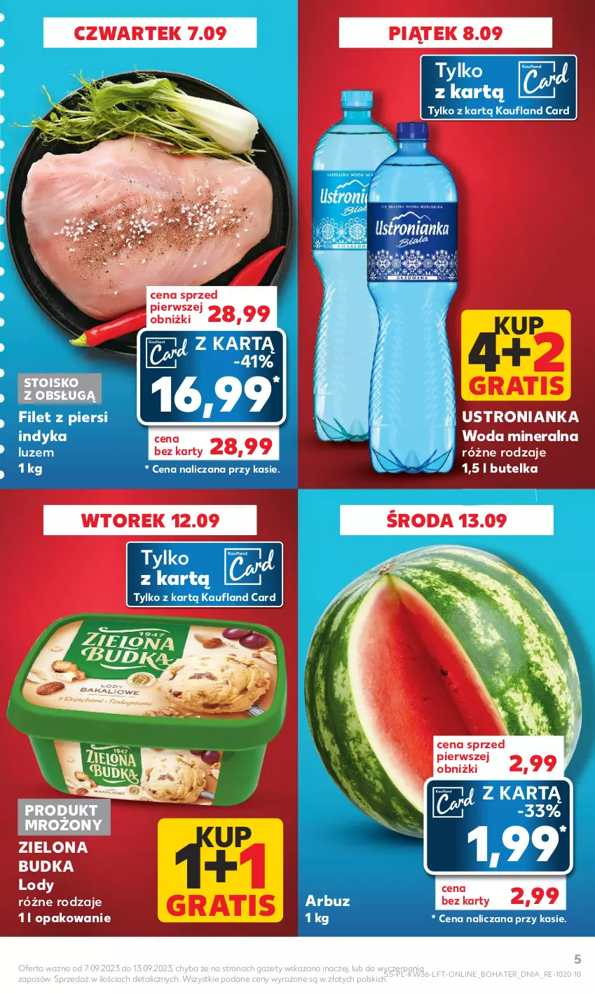 Gazetka promocyjna Kaufland - Gazetka tygodnia - ważna 07.09 do 13.09.2023 - strona 5 - produkty: Arbuz, Filet z piersi indyka, Gra, Lody, Woda, Woda mineralna, Zielona Budka