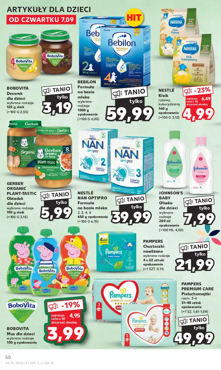 Gazetka promocyjna Kaufland - Gazetka tygodnia - ważna 07.09 do 13.09.2023 - strona 50 - produkty: Baby O, BEBILON, BoboVita, Chusteczki, Deser, Dzieci, Gerber, Majtki, Mus, NAN Optipro, Nestlé, Oliwka dla dzieci, Pampers, Pieluchomajtki, Ryż, Ser, Serek