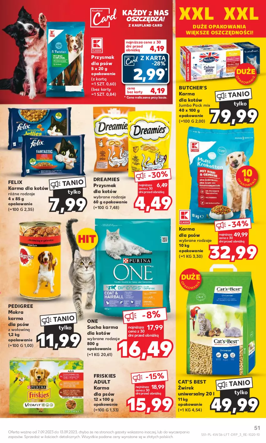 Gazetka promocyjna Kaufland - Gazetka tygodnia - ważna 07.09 do 13.09.2023 - strona 51 - produkty: Felix, Friskies, Mokra karma, Pedigree, Sucha karma