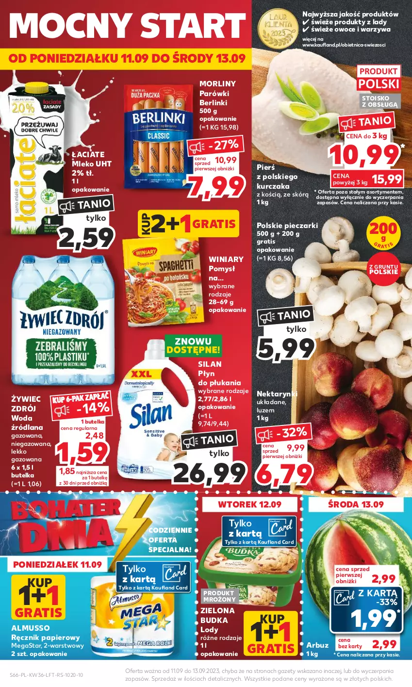 Gazetka promocyjna Kaufland - Gazetka tygodnia - ważna 07.09 do 13.09.2023 - strona 66 - produkty: Arbuz, Berlinki, Gra, Grunt, Kurczak, LANA, Lody, Mleko, Morliny, Mus, Nektar, Owoce, Papier, Parówki, Piec, Płyn do płukania, Ręcznik, Silan, Warzywa, Winiary, Woda, Zielona Budka