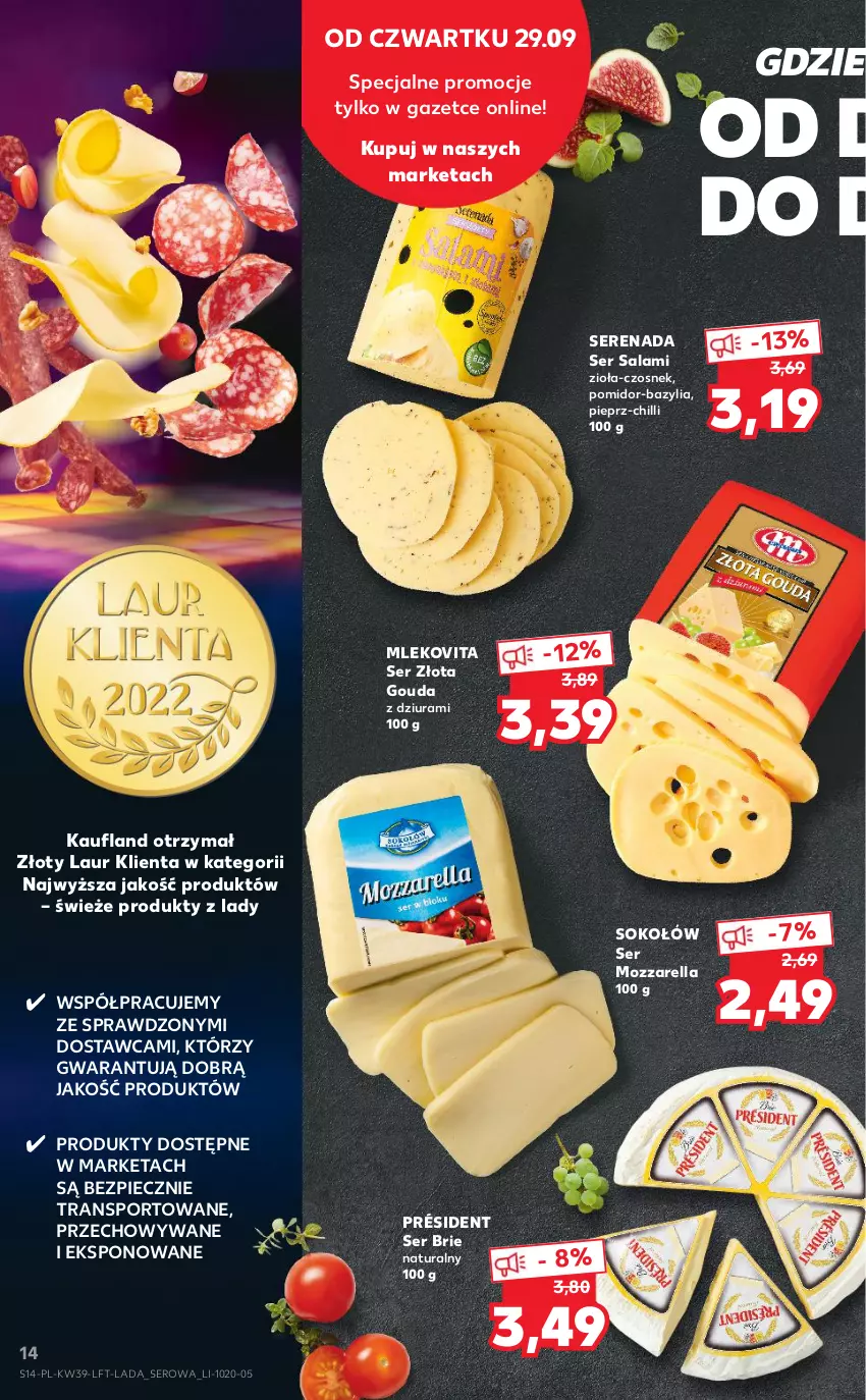 Gazetka promocyjna Kaufland - OFERTA TYGODNIA - ważna 29.09 do 05.10.2022 - strona 14 - produkty: Bazyl, Bazylia, Brie, Czosnek, Gouda, Laur, Mleko, Mlekovita, Mozzarella, Piec, Pieprz, Por, Président, Salami, Ser, Ser salami, Sok, Sokołów, Sport, Tran