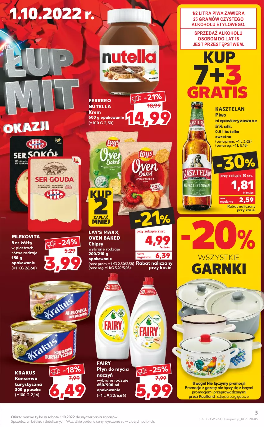 Gazetka promocyjna Kaufland - OFERTA TYGODNIA - ważna 29.09 do 05.10.2022 - strona 3 - produkty: Chipsy, Do mycia naczyń, Fa, Fairy, Ferrero, Gra, Kasztelan, Konserwa turystyczna, Krakus, Mleko, Mlekovita, Nutella, Piwa, Piwo, Płyn do mycia, Płyn do mycia naczyń, Ser, Waga