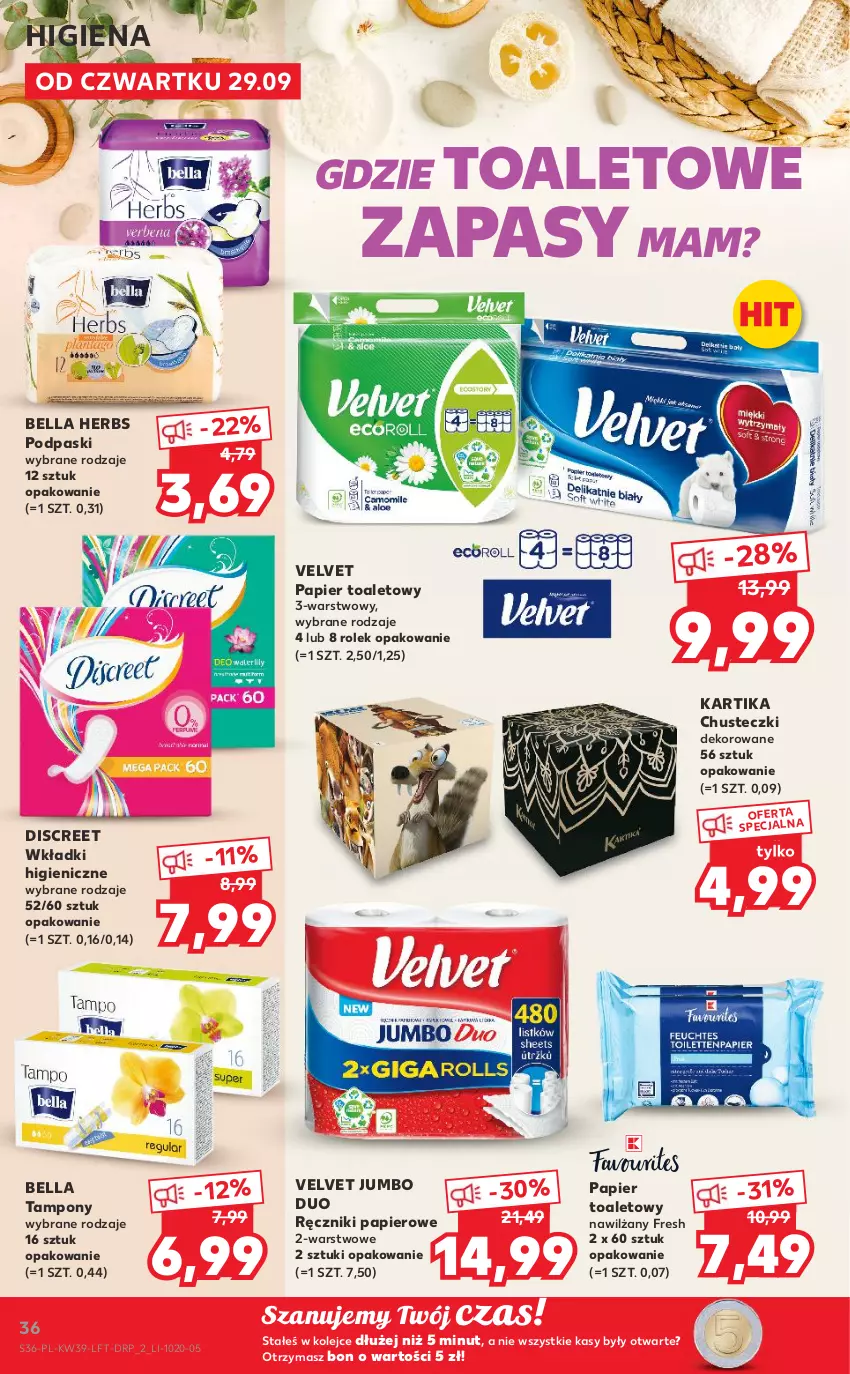 Gazetka promocyjna Kaufland - OFERTA TYGODNIA - ważna 29.09 do 05.10.2022 - strona 36 - produkty: Bell, Bella, Chusteczki, Discreet, Olej, Papier, Papier toaletowy, Podpaski, Ręcznik, Ręczniki papierowe, Tampony, Velvet, Wkładki