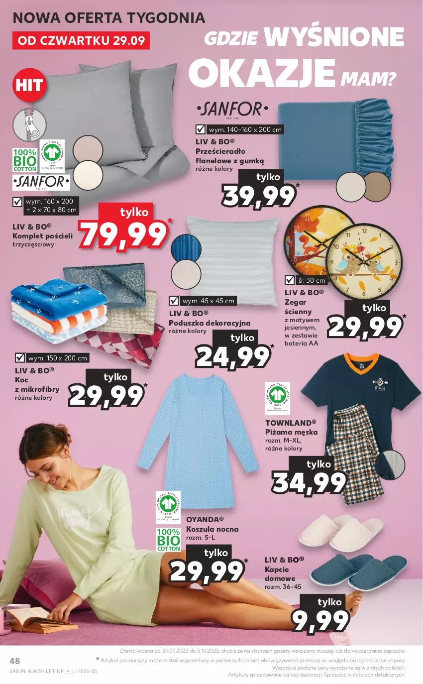 Gazetka promocyjna Kaufland - OFERTA TYGODNIA - ważna 29.09 do 05.10.2022 - strona 48 - produkty: Bateria, Gra, Kapcie, Koc, Komplet pościeli, Kosz, Koszula, Koszula nocna, Piżama, Poduszka, Poduszka dekoracyjna, Pościel, Prześcieradło, Zegar