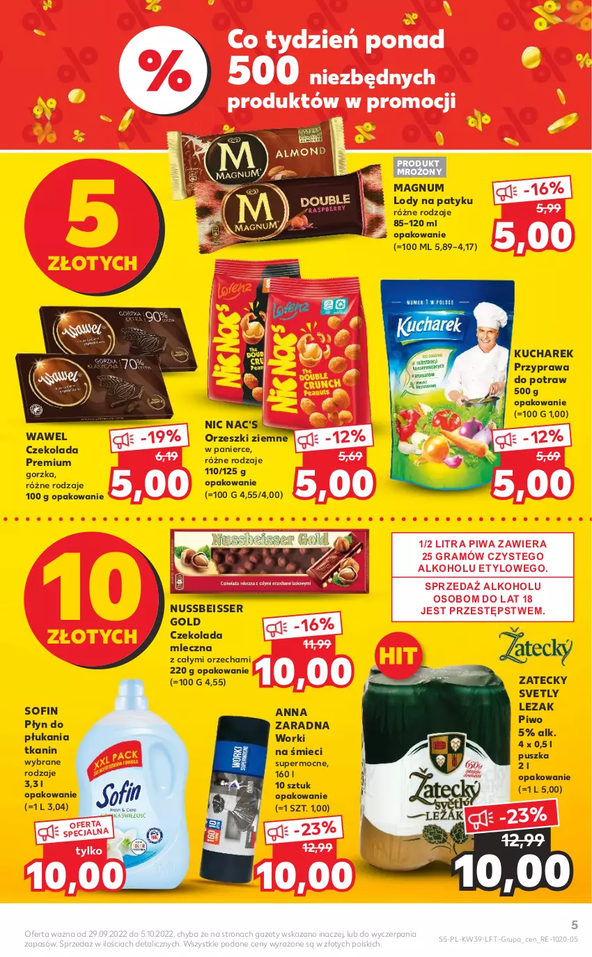 Gazetka promocyjna Kaufland - OFERTA TYGODNIA - ważna 29.09 do 05.10.2022 - strona 5 - produkty: Czekolada, Czekolada mleczna, Gra, Kucharek, Lody, Orzeszki, Orzeszki ziemne, Piwa, Piwo, Płyn do płukania, Przyprawa do potraw, Ser, Wawel, Worki na śmiec, Worki na śmieci