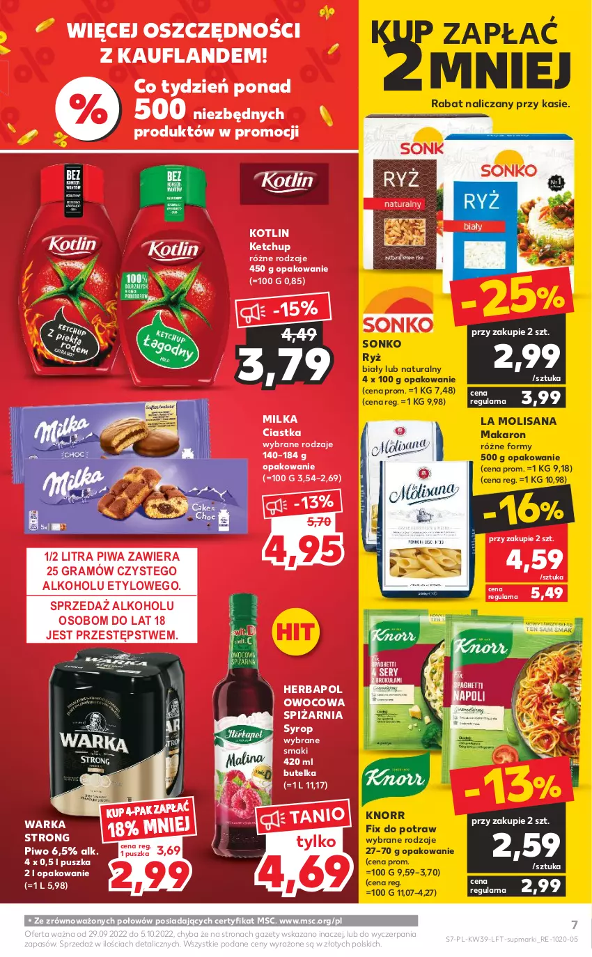 Gazetka promocyjna Kaufland - OFERTA TYGODNIA - ważna 29.09 do 05.10.2022 - strona 7 - produkty: Ciastka, Gra, Herbapol, Isana, Ketchup, Knorr, Kotlin, Makaron, Milka, Piwa, Piwo, Ryż, Ryż biały, Sonko, Syrop, Warka