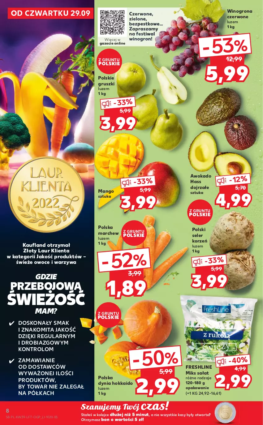 Gazetka promocyjna Kaufland - OFERTA TYGODNIA - ważna 29.09 do 05.10.2022 - strona 8 - produkty: Grunt, Gruszki, Laur, Mango, Olej, Owoce, Półka, Sałat, Seler korzeń, Warzywa, Wino, Winogrona