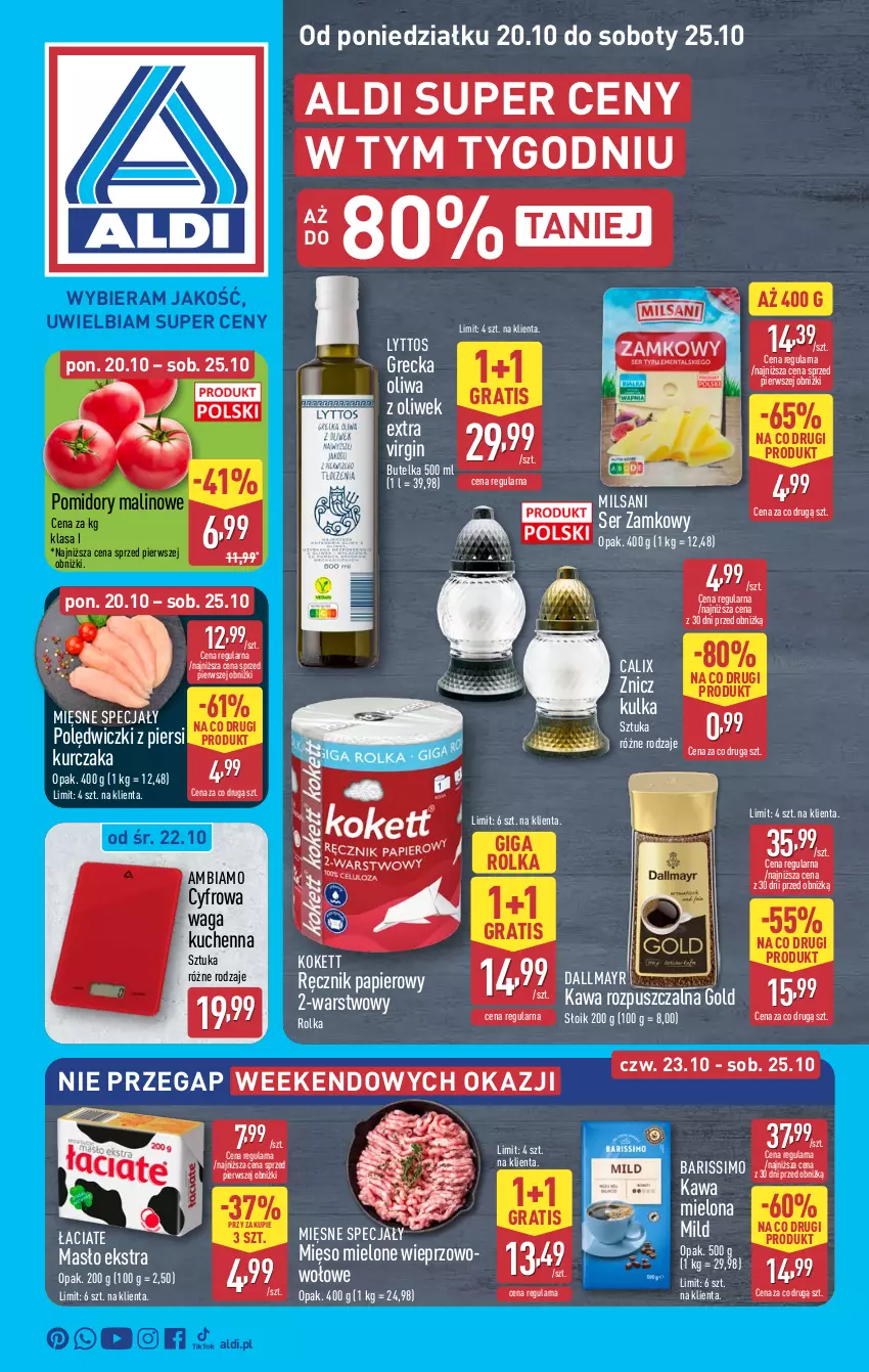 Gazetka promocyjna Aldi - Pełna oferta - ważna 20.10 do 25.10.2025 - strona 1 - produkty: Dallmayr, Gin, Gra, Kawa, Kawa mielona, Kawa rozpuszczalna, Kurczak, Masło, Mięsne specjały, Mięso, Mięso mielone, Oliwa z oliwek, Papier, Pomidory, Ręcznik, Ser, Waga, Znicz