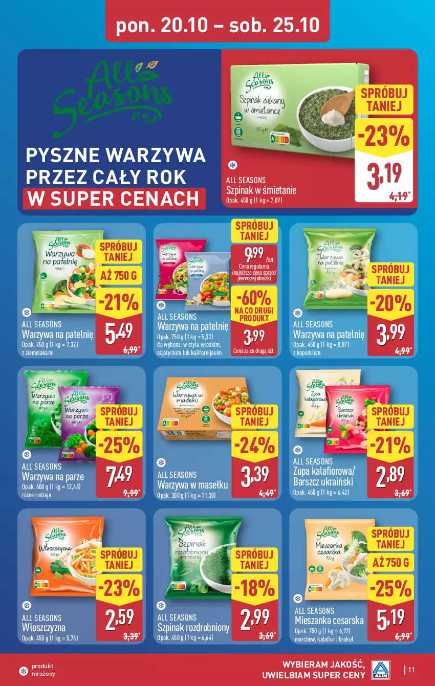 Gazetka promocyjna Aldi - Pełna oferta - ważna 20.10 do 25.10.2025 - strona 11 - produkty: All Seasons, Kalafior, Szpinak, Warzywa, Zupa, Zupa kalafiorowa