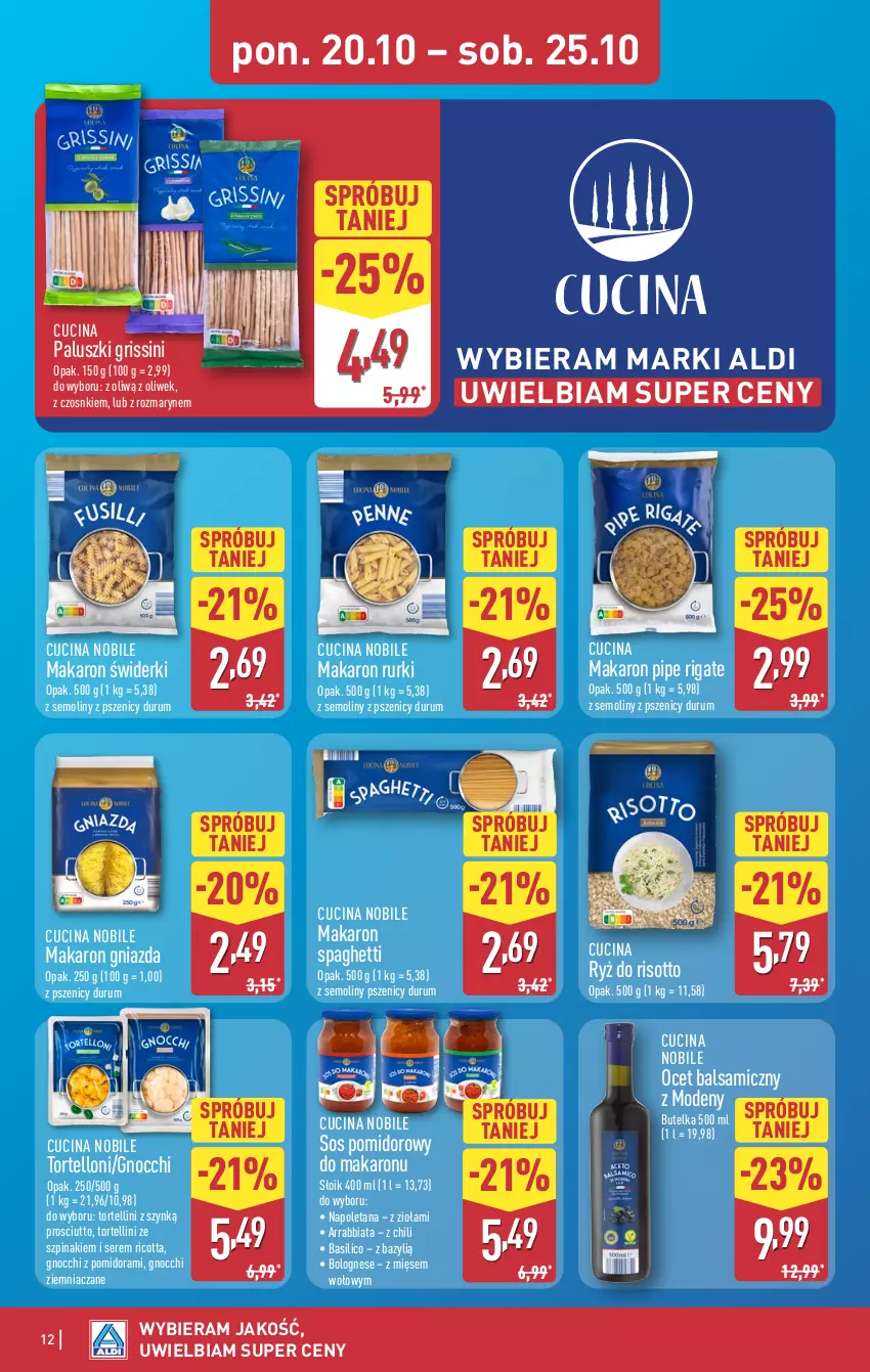 Gazetka promocyjna Aldi - Pełna oferta - ważna 20.10 do 25.10.2025 - strona 12 - produkty: Bazyl, Gnocchi, Grissini, Makaron, Ocet, Ocet balsamiczny, Prosciutto, Ricotta, Rum, Rurki, Ryż, Ryż do risotto, Ser, Sos, Sos pomidorowy, Spaghetti, Szpinak, Tortelloni