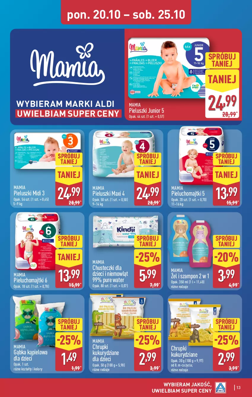 Gazetka promocyjna Aldi - Pełna oferta - ważna 20.10 do 25.10.2025 - strona 13 - produkty: Chrupki, Chusteczki, Dzieci, Majtki, Pieluchomajtki, Pur, Szampon