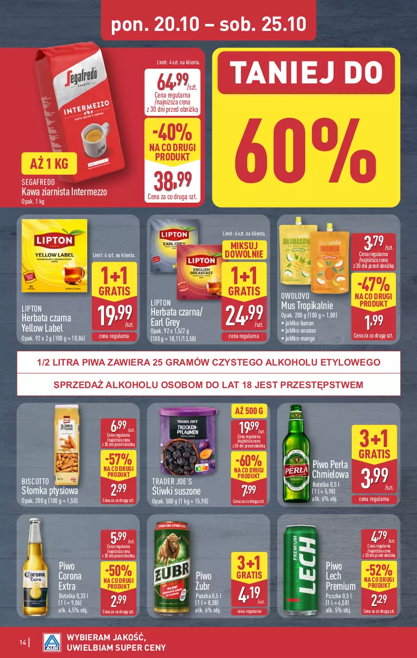 Gazetka promocyjna Aldi - Pełna oferta - ważna 20.10 do 25.10.2025 - strona 14 - produkty: Ananas, Corona Extra, Earl Grey, Gra, Herbata, Herbata czarna, Kawa, Kawa ziarnista, Lech Premium, Lipton, Mango, Mus, Perła, Piwa, Piwo, Segafredo