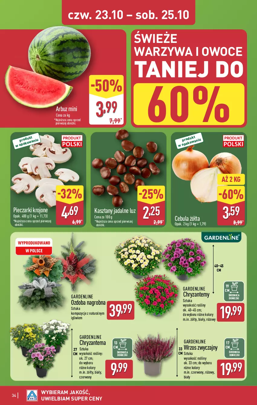 Gazetka promocyjna Aldi - Pełna oferta - ważna 20.10 do 25.10.2025 - strona 34 - produkty: Arbuz, Cebula, Chryzantema, Owoce, Ozdoba, Piec, Pieczarki krojone, Sok, Warzywa, Warzywa i owoce