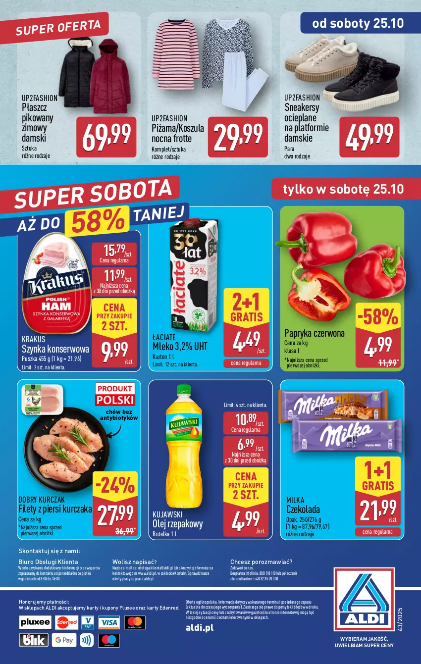Gazetka promocyjna Aldi - Pełna oferta - ważna 20.10 do 25.10.2025 - strona 41 - produkty: Biuro, Czekolada, Fa, Gra, Kosz, Koszula, Koszula nocna, Krakus, Kujawski, Kurczak, Milka, Mleko, O nas, Olej, Olej rzepakowy, Papryka, Papryka czerwona, Piżama, Płaszcz, Por, Ser, Sneakersy, Szynka, Szynka konserwowa