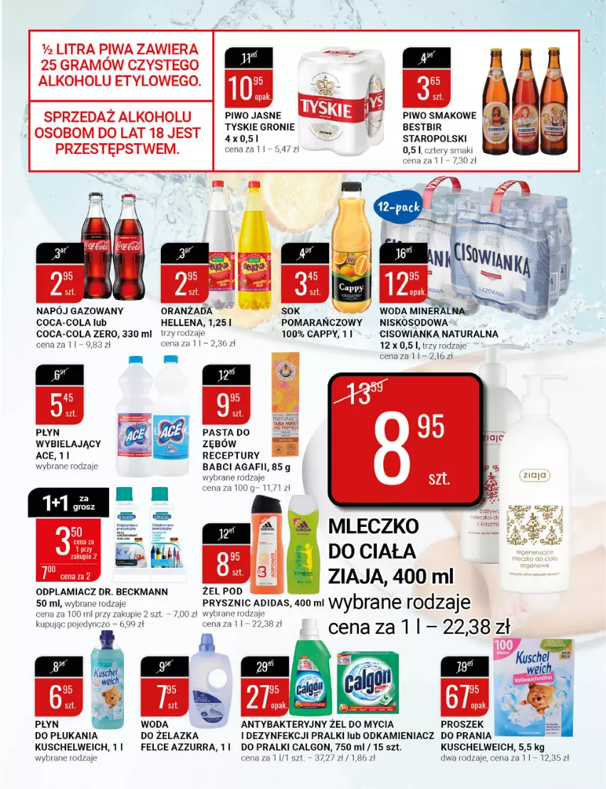 Gazetka promocyjna Bi1 - Tłusty czwartek - ważna 16.02 do 22.02.2022 - strona 15 - produkty: Adidas, Calgon, Cappy, Cisowianka, Coca-Cola, Gra, Hellena, LG, Mleczko, Napój, Napój gazowany, Odkamieniacz, Odplamiacz, Oranżada, Piwa, Piwo, Piwo jasne, Pralki, Tyskie, Woda, Ziaja