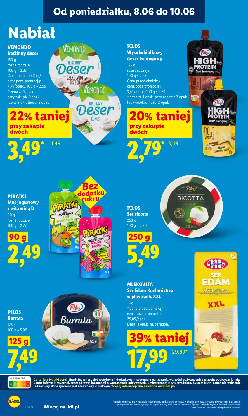 Gazetka promocyjna Lidl - Gazetka ważna od 8.06 do 10.06 - ważna 08.06 do 10.06.2026 - strona 55 - produkty: Burrata, Deser, Edam, Jogurt, Mleko, Mlekovita, Mus, Pilos, Ricotta, Ser, Ser twarogowy, Sok
