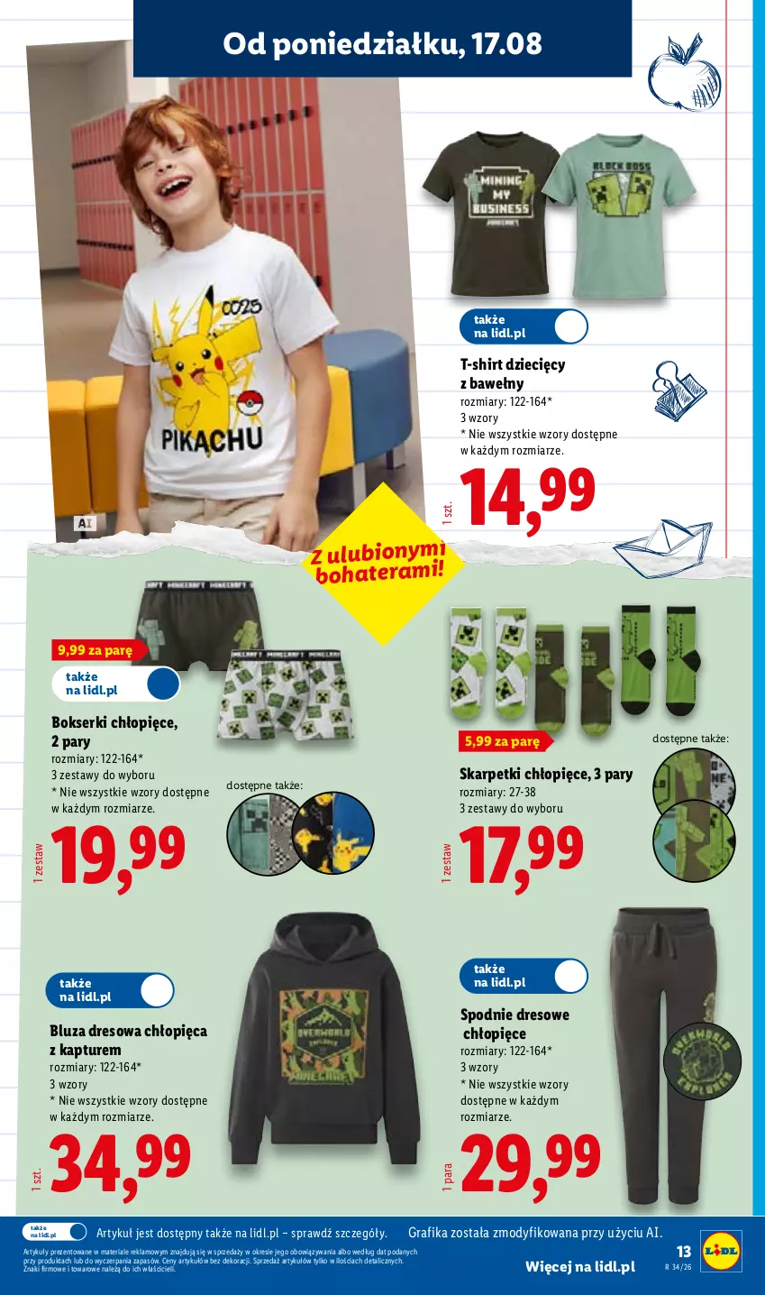 Gazetka promocyjna Lidl - Gazetka ważna od 17.08. do 22.08. - ważna 17.08 do 22.08.2026 - strona 13 - produkty: Bluza, Bluza dresowa, Bokserki, Dres, Dzieci, Gra, Grafika, Karp, Ser, Skarpetki, Spodnie, Spodnie dresowe, T-shirt, Tera