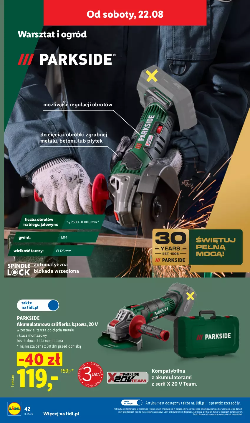 Gazetka promocyjna Lidl - Gazetka ważna od 17.08. do 22.08. - ważna 17.08 do 22.08.2026 - strona 54 - produkty: Akumulator, Ogród, Parkside, Ser, Szlifierka, Szlifierka kątowa