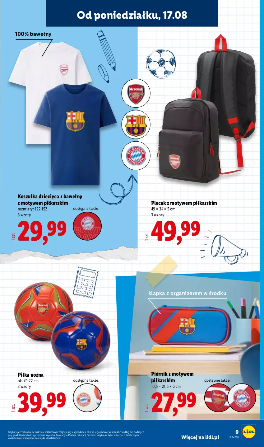Gazetka promocyjna Lidl - Gazetka ważna od 17.08. do 22.08. - ważna 17.08 do 22.08.2026 - strona 9 - produkty: Dzieci, Kosz, Koszulka, Noż, Organizer, Piłka nożna, Piórnik, Plecak