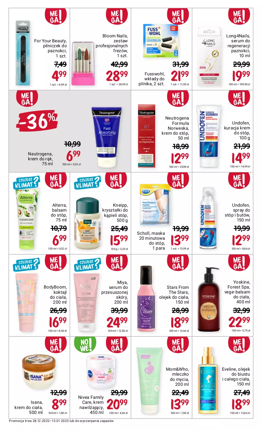 Gazetka promocyjna Rossmann - 28 grudnia - ważna 28.12.2022 do 13.01.2023 - strona 12 - produkty: Alterra, Balsam do ciała, Balsam do stóp, Body, Eveline, Fa, For Your Beauty, Isana, Kneipp, Krem do ciała, Krem do rąk, Krem do stóp, Krem nawilżający, Maska, Mleczko, Neutrogena, Nivea, Olej, Olejek do ciała, Pilnik, Rum, Scholl, Ser, Serum, Undofen, Yoskine