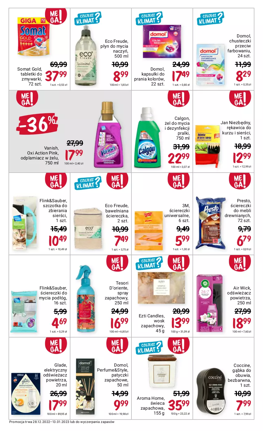 Gazetka promocyjna Rossmann - 28 grudnia - ważna 28.12.2022 do 13.01.2023 - strona 3 - produkty: Air Wick, Calgon, Chusteczki, Do mycia naczyń, Domol, Fa, Jan Niezbędny, Kapsułki do prania, LG, Odplamiacz, Odświeżacz powietrza, Perfum, Płyn do mycia, Płyn do mycia naczyń, Pralki, Presto, Somat, Somat gold, Szczotka, Tablet, Tabletki do zmywarki, Vanish, Zmywarki