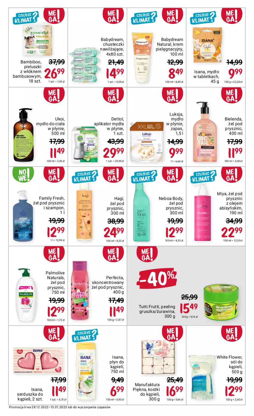 Gazetka promocyjna Rossmann - 28 grudnia - ważna 28.12.2022 do 13.01.2023 - strona 5 - produkty: Babydream, Bielenda, Body, Chusteczki, Dettol, Fa, Isana, Luksja, Mydło, Mydło w płynie, Olej, Palmolive, Peeling, Perfecta, Płyn do kąpieli, Ser, Sól, Sól do kąpieli, Szampon, Tablet