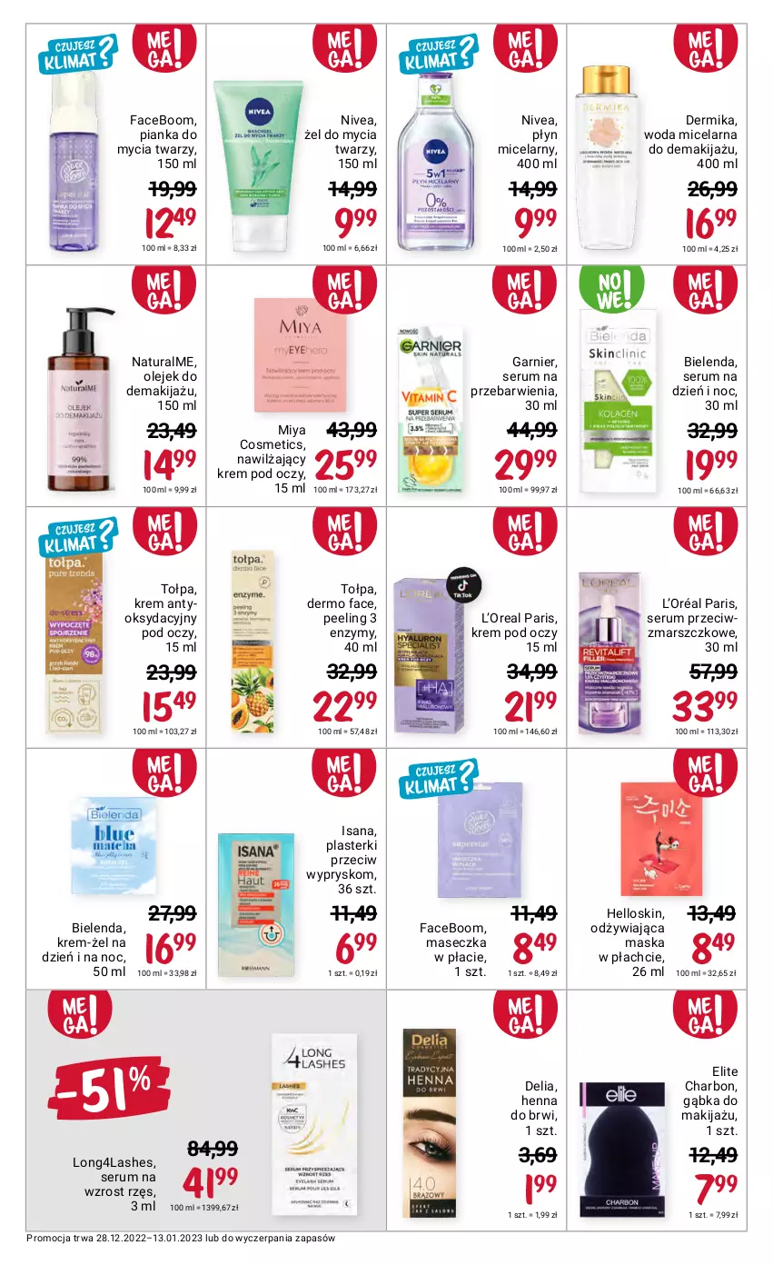 Gazetka promocyjna Rossmann - 28 grudnia - ważna 28.12.2022 do 13.01.2023 - strona 8 - produkty: Bielenda, Dermika, Fa, Garnier, Isana, Krem pod oczy, L’Oréal, Makijaż, Mars, Maska, Maska w płachcie, Miya Cosmetics, Nivea, Olej, Olejek do demakijażu, Peeling, Pianka do mycia twarzy, Plasterki, Płyn micelarny, Rum, Ser, Serum, Tołpa, Woda, Woda micelarna