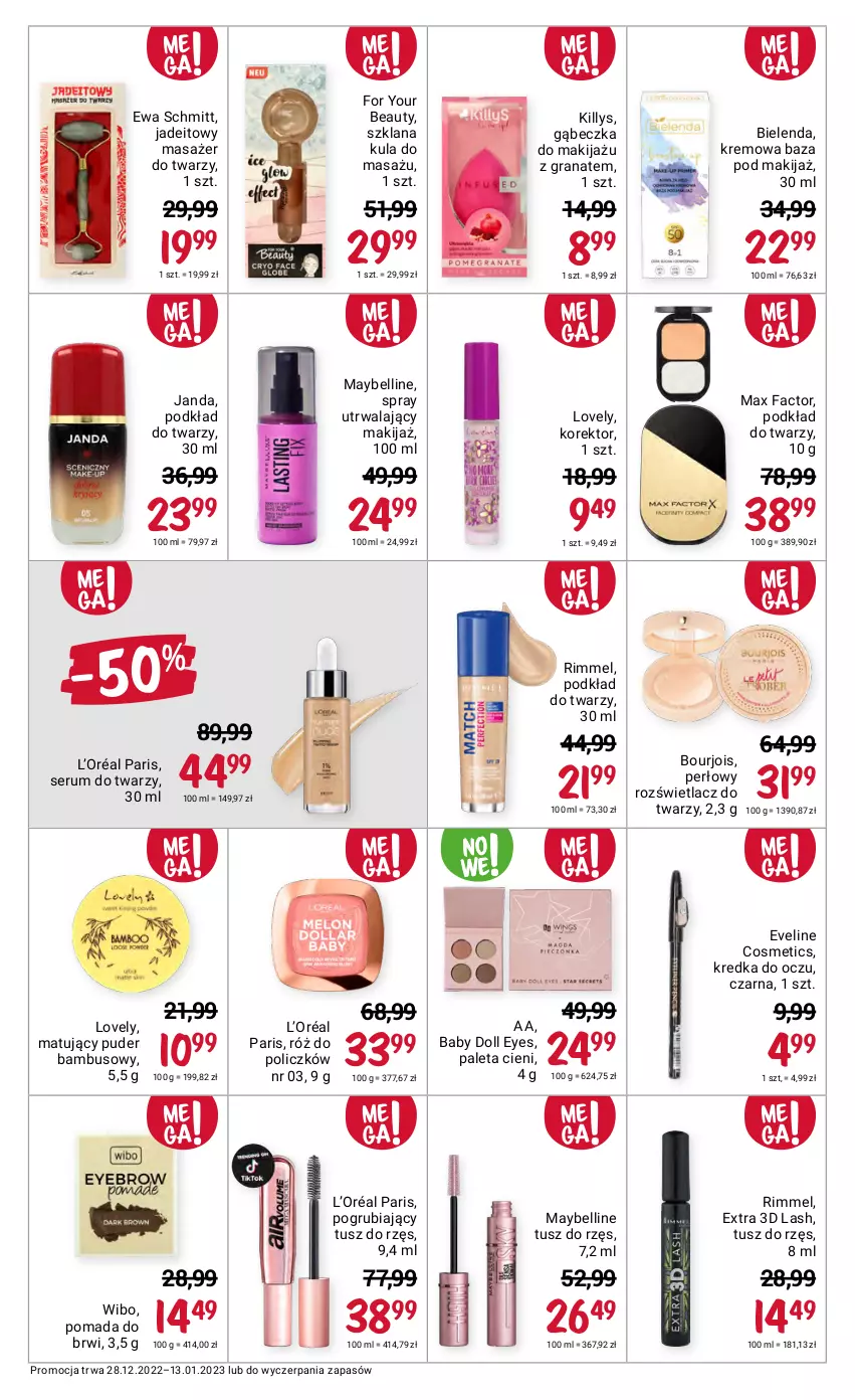 Gazetka promocyjna Rossmann - 28 grudnia - ważna 28.12.2022 do 13.01.2023 - strona 9 - produkty: Bell, Bielenda, Bourjois, Eveline, Ewa Schmitt, Fa, For Your Beauty, Gra, Granat, Killys, Kredka, L’Oréal, LANA, Lovely, Makijaż, Masażer, Max Factor, Maybelline, Paleta, Podkład, Podkład do twarzy, Pomada, Pomada do brwi, Puder, Róż do policzków, Rozświetlacz, Rum, Ser, Serum, Serum do twarzy, Tusz, Wibo