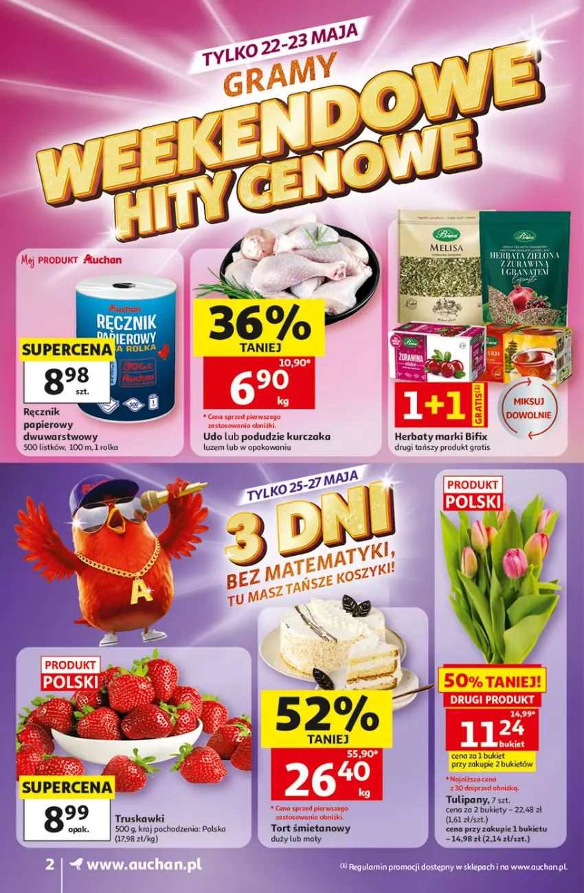 Gazetka promocyjna Auchan - Gazetka 30 Lat Supermarket Auchan - ważna 21.05 do 27.05.2026 - strona 2 - produkty: Bukiet, Gra, Granat, Herbata, Kurczak, Papier, Ręcznik, Tort śmietanowy, Truskawki, Tulipan