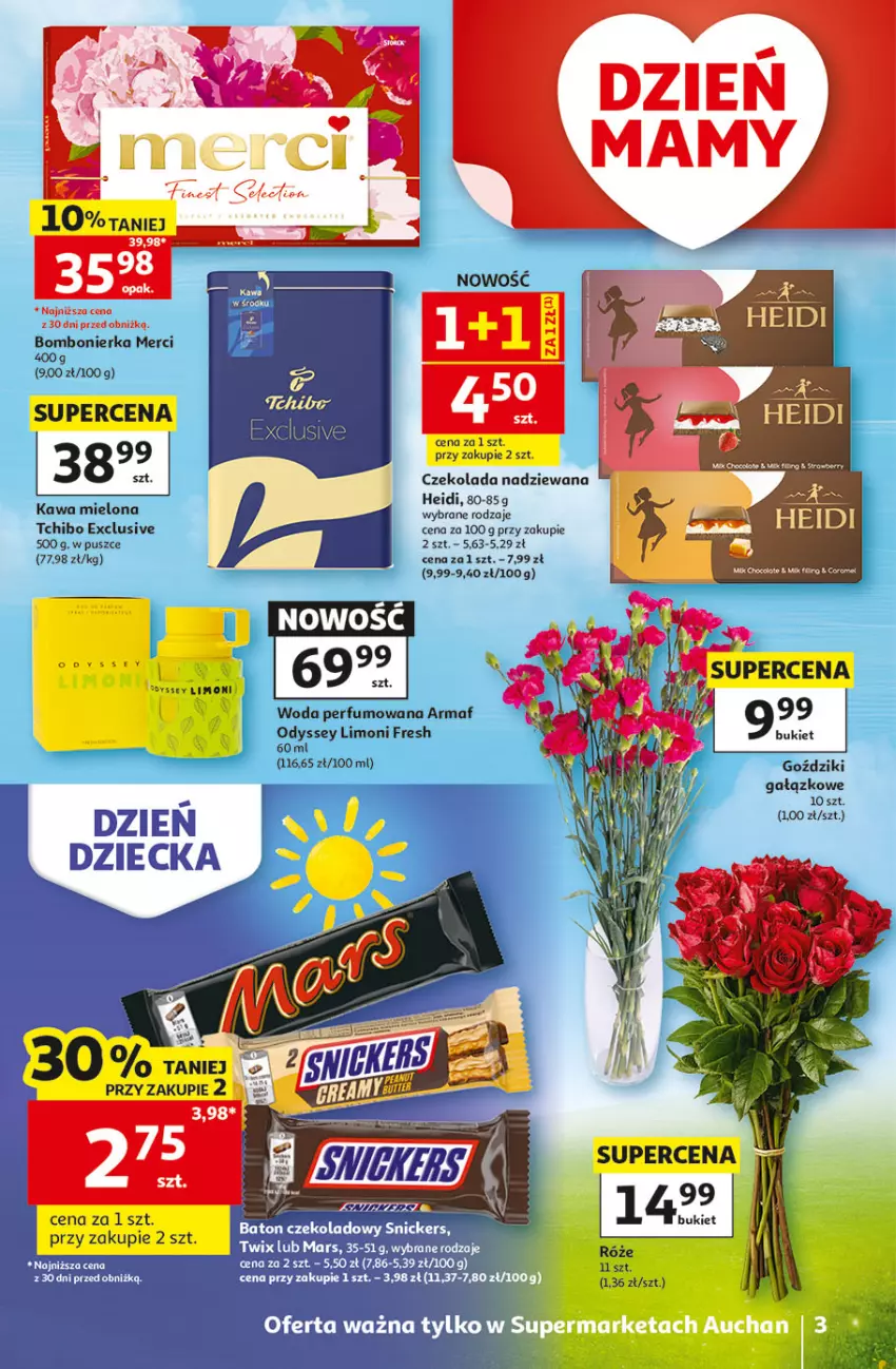 Gazetka promocyjna Auchan - Gazetka 30 Lat Supermarket Auchan - ważna 21.05 do 27.05.2026 - strona 3 - produkty: Baton, Bukiet, Czekolada, Czekolada nadziewana, Kawa, Kawa mielona, Mars, Merci, Perfum, Snickers, Tchibo, Twix, Woda, Woda perfumowana