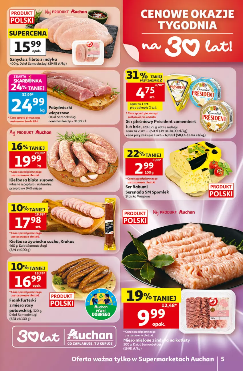 Gazetka promocyjna Auchan - Gazetka 30 Lat Supermarket Auchan - ważna 21.05 do 27.05.2026 - strona 5 - produkty: Brie, Camembert, Frankfurterki, Kiełbasa, Kiełbasa biała, Krakus, Przyprawy, Ser, Ser pleśniowy