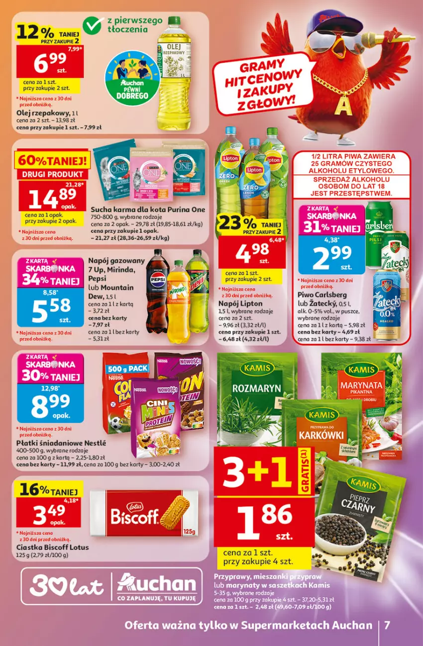 Gazetka promocyjna Auchan - Gazetka 30 Lat Supermarket Auchan - ważna 21.05 do 27.05.2026 - strona 7 - produkty: Carlsberg, Ciastka, Danio, Lipton, Mirinda, Napój, Napój gazowany, Olej, Olej rzepakowy, Pepsi, Piwo, Pur, Purina, Sucha karma