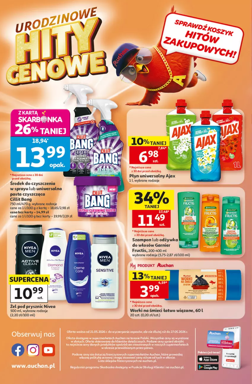 Gazetka promocyjna Auchan - Gazetka 30 Lat Supermarket Auchan - ważna 21.05 do 27.05.2026 - strona 8 - produkty: Ajax, Cillit Bang, Fructis, Garnier, Nivea, Odżywka, Szampon, Worki na śmiec, Worki na śmieci