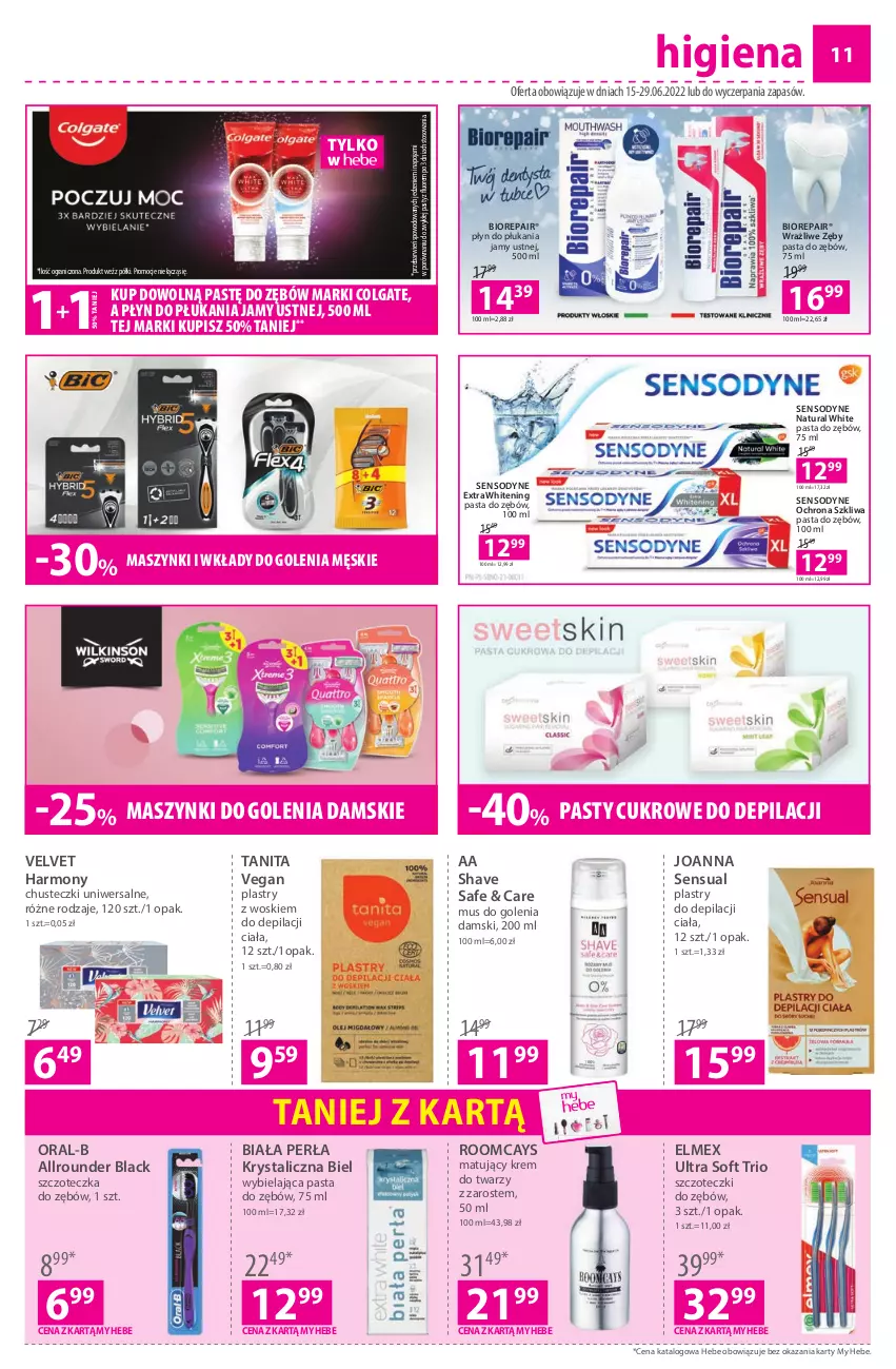 Gazetka promocyjna Hebe - Gazetka - ważna 15.06 do 29.06.2022 - strona 11 - produkty: Biorepair, Chusteczki, Colgate, Elmex, Gra, Joanna, Krem do twarzy, Lack, LG, Mus, Pasta do zębów, Perła, Plastry do depilacji, Płyn do płukania, Płyn do płukania jamy ustnej, Por, Sensodyne, Sensual, Szczoteczka, Szczoteczka do zębów, Velvet