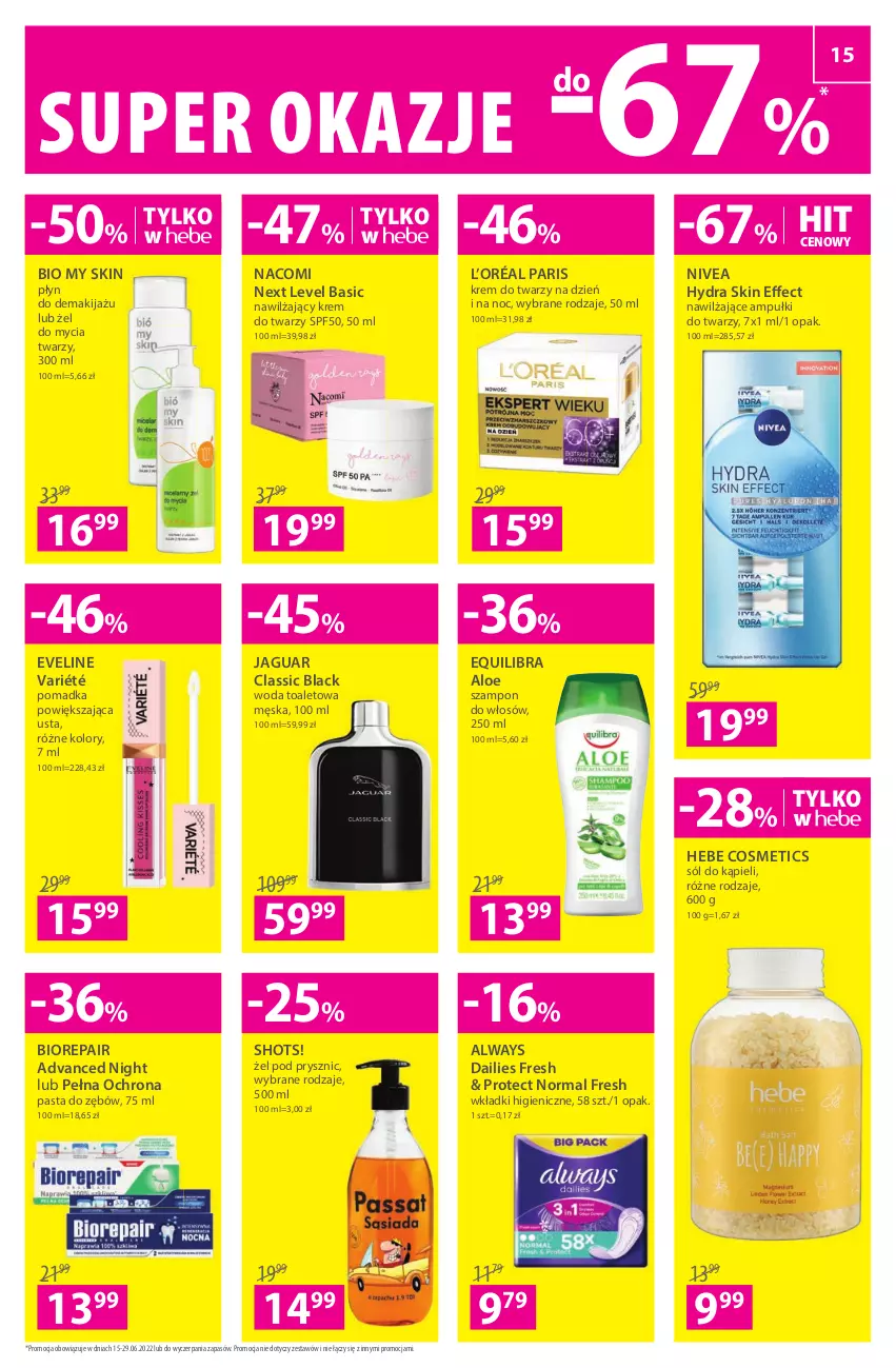 Gazetka promocyjna Hebe - Gazetka - ważna 15.06 do 29.06.2022 - strona 15 - produkty: Always, Biorepair, Eveline, Hebe Cosmetics, Jaguar, Krem do twarzy, L’Oréal, Lack, Makijaż, Nacomi, Nivea, Pasta do zębów, Sól, Sól do kąpieli, Szampon, Wkładki, Woda, Woda toaletowa