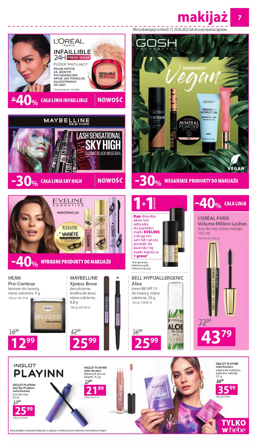 Gazetka promocyjna Hebe - Gazetka - ważna 15.06 do 29.06.2022 - strona 7 - produkty: Bell, Bell HypoAllergenic, Błyszczyk do ust, Bronzer, Eveline, Fa, Gra, Kredka, Kredka do brwi, Krem bb, L’Oréal, Lakier, Lion, Makijaż, Maybelline, Paleta, Produkty do makijażu, Tera, Tusz