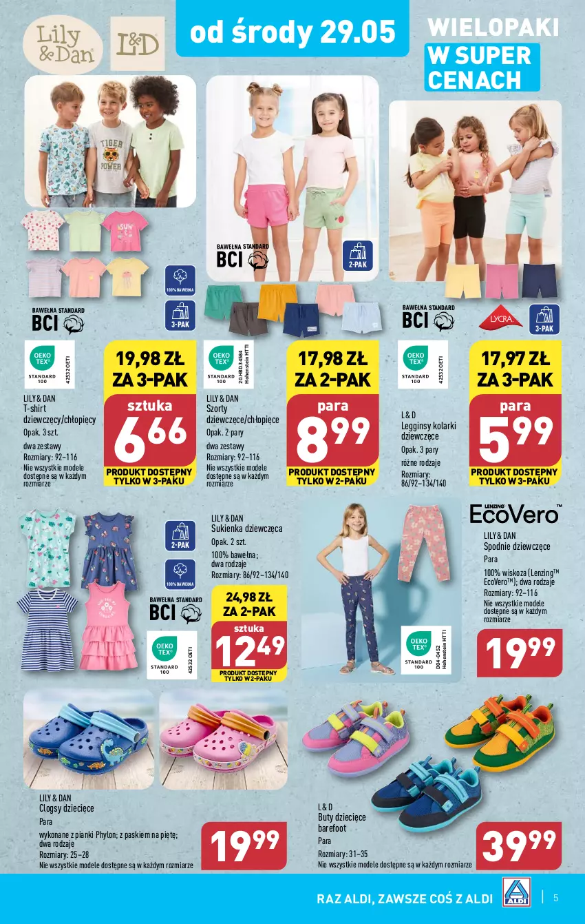 Gazetka promocyjna Aldi - Artykuły przemysłowe i tekstylia - ważna 29.05 do 01.06.2024 - strona 5 - produkty: Barefoot, Buty, Clogsy, Dzieci, Gin, Legginsy, Spodnie, Sukienka, Szorty, T-shirt, Wełna