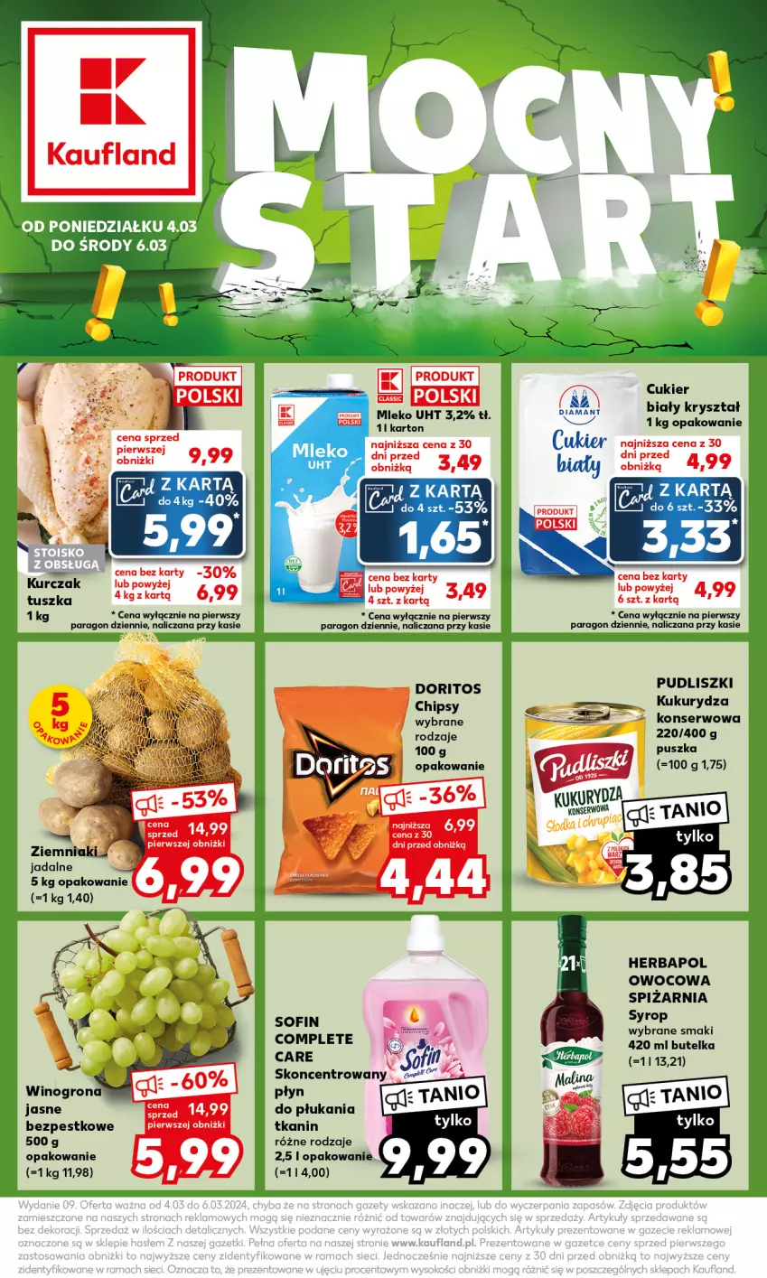 Gazetka promocyjna Kaufland - Kaufland - ważna 04.03 do 06.03.2024 - strona 1 - produkty: Chipsy, Cukier, Herbapol, Kukurydza, Kurczak, Mleko, Płyn do płukania, Pudliszki, Ser, Syrop, Tusz