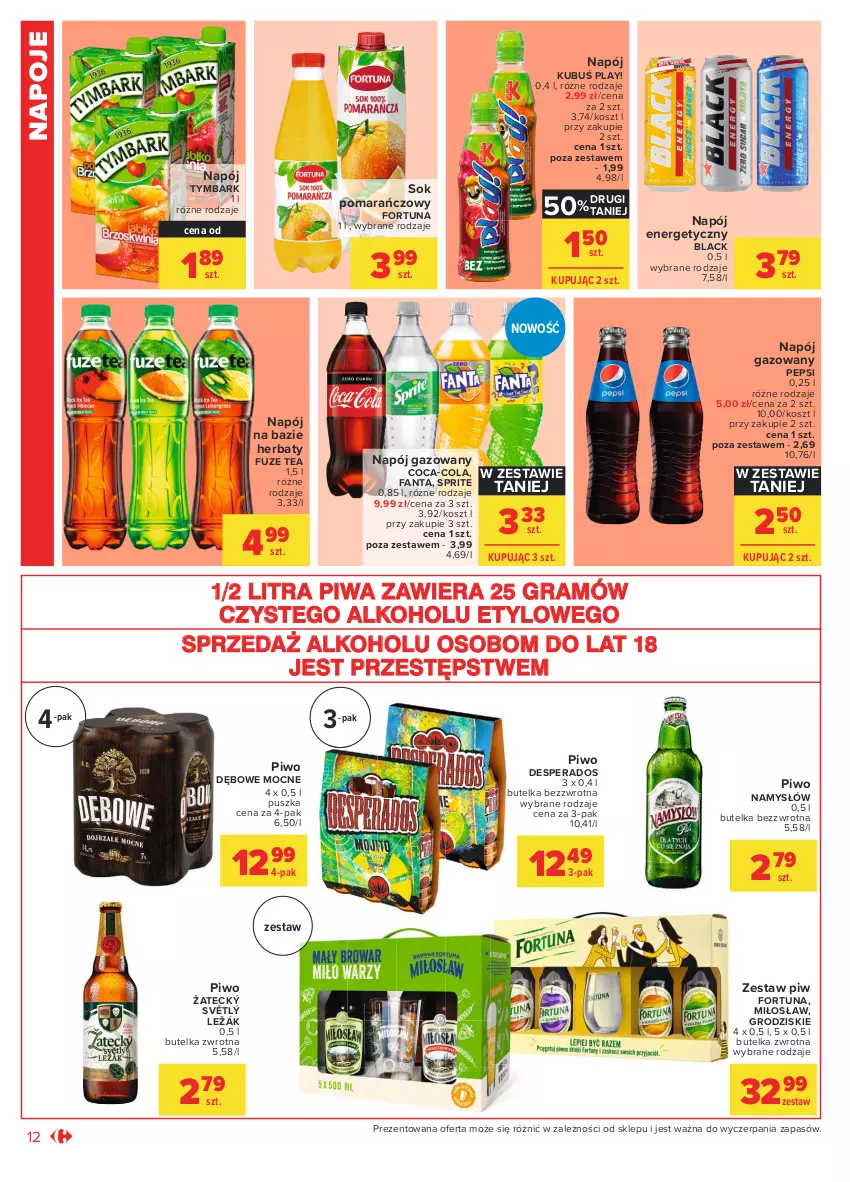 Gazetka promocyjna Carrefour - Gazetka Market - ważna 05.04 do 17.04.2021 - strona 12 - produkty: Coca-Cola, Desperados, Fa, Fanta, Fortuna, Gra, Kosz, Kubuś, Lack, Namysłów, Napój, Napój energetyczny, Napój gazowany, Napoje, Pepsi, Piwa, Piwo, Sok, Sok pomarańczowy, Sprite, Tymbark