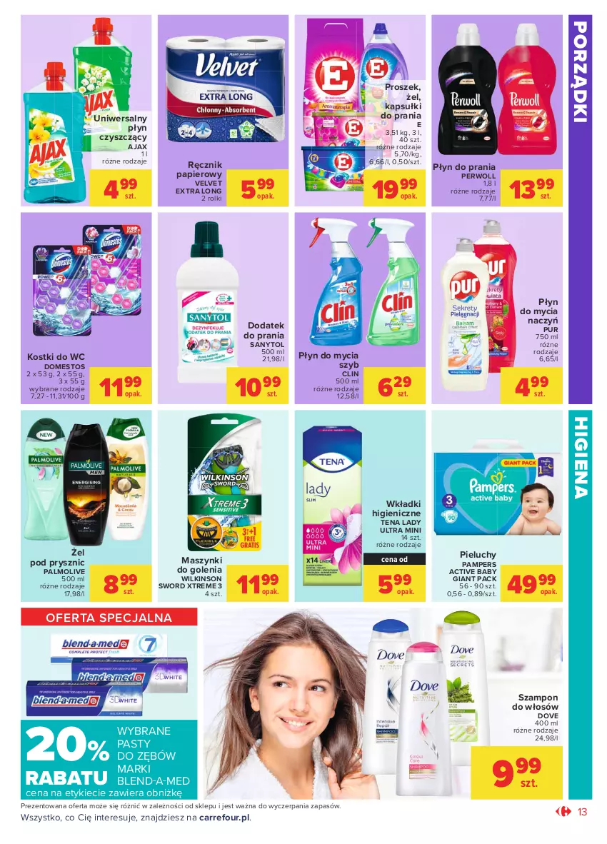 Gazetka promocyjna Carrefour - Gazetka Market - ważna 05.04 do 17.04.2021 - strona 13 - produkty: Ajax, Blend-a-Med, Clin, Do mycia naczyń, Domestos, Dove, Kapsułki do prania, Palmolive, Pampers, Papier, Perwoll, Pieluchy, Płyn do mycia, Płyn do mycia naczyń, Płyn do prania, Por, Pur, Ręcznik, Rolki, Sanytol, Szampon, Uniwersalny płyn czyszczący, Velvet, Wilkinson Sword, Wkładki